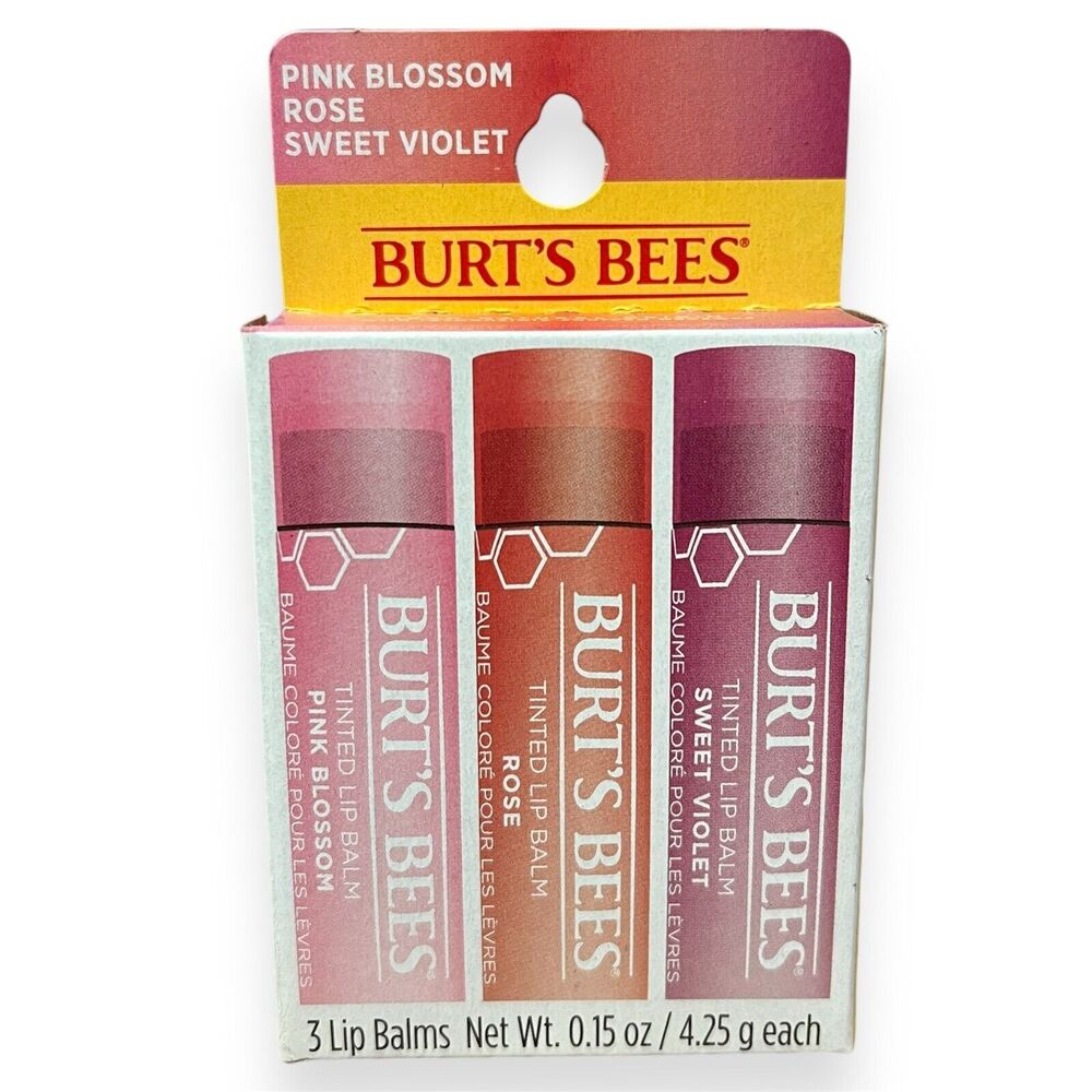 Burt's Bees Tinted Lip Balm Set of 3 Pink Blossom Rose Sweet Violet Stocking